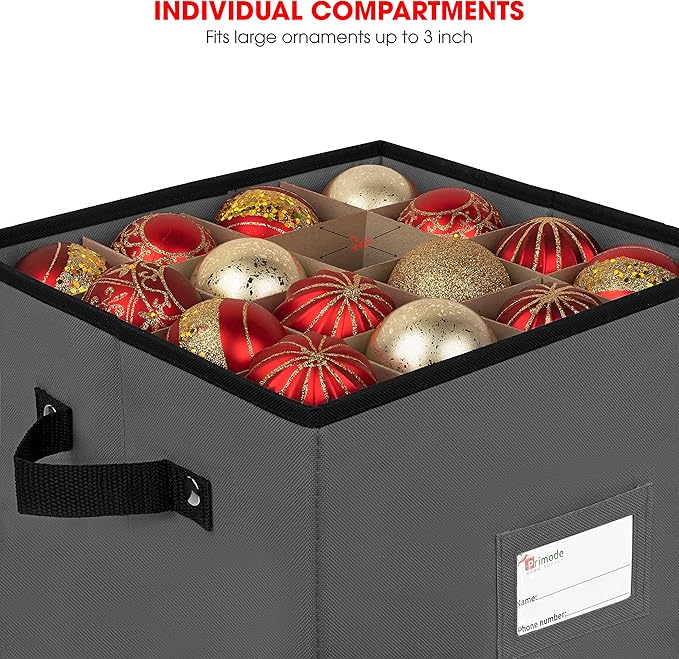 Primode Holiday Ornament Storage Chest, With 4 Trays Holds Up to 64 Ornaments Balls, With Dividers (Gray)