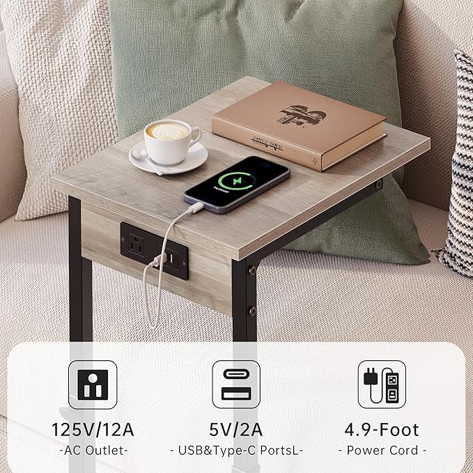 Vagusicc C Shaped End Table with Charging Station, Adjustable Height Side Table for Couch, C Table End Table Couch Table That Slide Under, Sofa Table TV Tray Arm Tables for Living Room, Bedroom, Gray