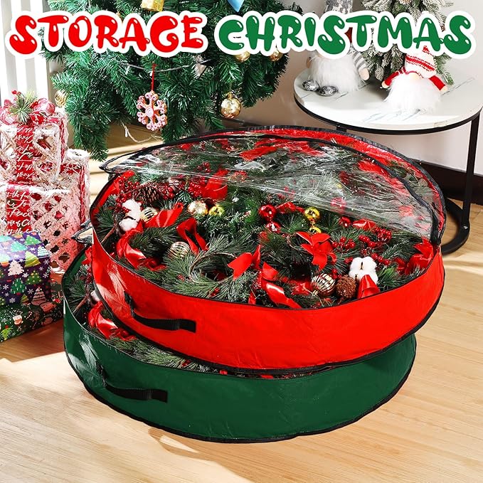 Aliceset 4 Pack Wreath Storage Containers, Ornament Garland Wreath Storage Bags with Handle Zipper Decorative Storages Box for Winter Valentine Wreaths(30 x 30 x 7.8 Inch,Red, Green)