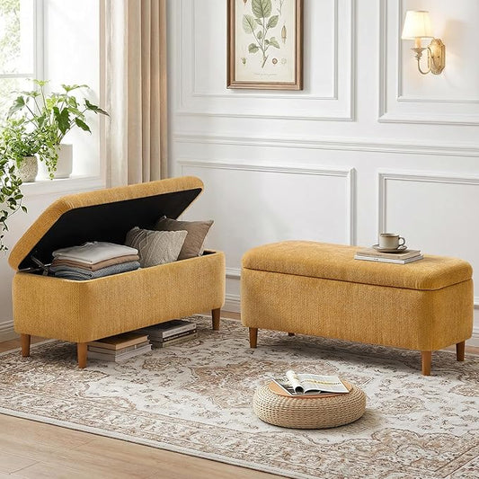 39.4”Ottoman with Storage Set of 2,Upholstered Comfy Storage Bench Ottoman with Wooden Legs,End of Bed Bench Footstool for Hallway Entryway Bedroom Living Room Corner Yellow