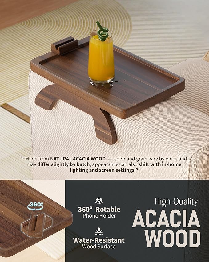 BLUEWEST Sofa Armrest Tray, Arm Table Sofa Arm Tray Clip on Tray Table with 360° Rotating Phone and Cup Holder for TV Dinners, Remote, Drinks and Snacks (Rectangle, Walnut)