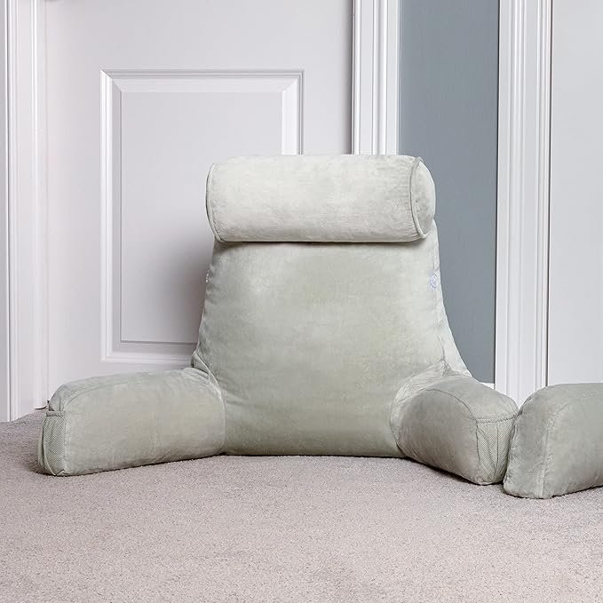 Husband Pillow Medium Reading Pillow with Arms - 23" Backrest for Sitting Up in Bed - Firm Support Bed Rest Pillow for Adults, Neck Roll, Removable Cover - TV, Reading, Lounging - Desert Sage