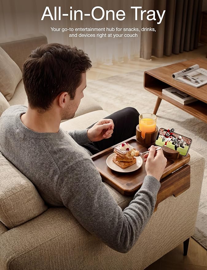 HOLANA Acacia Wood Couch Arm Tray, 15.74”x9.8” Arm Table for Couch - Couch Cup Holder Tray with Rotated Phone Holder, Cup Holder - Clip on Sofa Armchair Caddy with Non-Slip Pad (Walnut Color)
