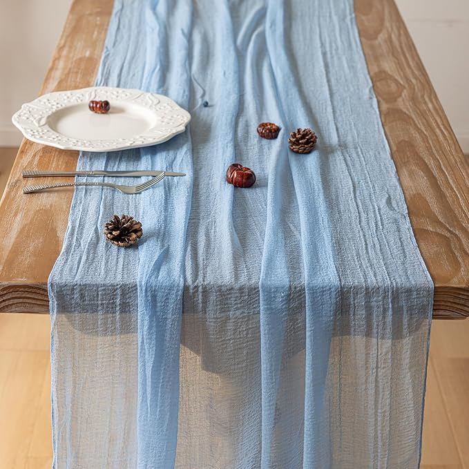 Keketoarrange Easter Spring Table Runner Light Blue Cheesecloth Gauze Rustic Cheese Cloth Table Runner 120 Inch 10 FT for Wedding Baby Shower Bridal Shower Birthday Party Sheer Home Boho Decorations