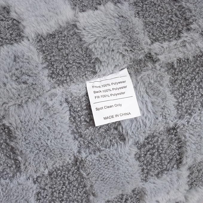 A Nice Night Faux Fur Reading Pillow,Checkered Fluffy Grid Plaid,Bed Wedge Pillow Large Adult Children Backrest with Arms for Bedrest,Grey