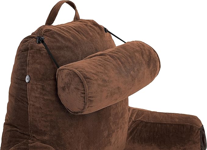 Husband Pillow Medium Reading Pillow with Arms - 23" Backrest for Sitting Up in Bed - Firm Support Bed Rest Pillow for Adults, Neck Roll, Removable Cover - TV, Reading, Lounging - Chocolate