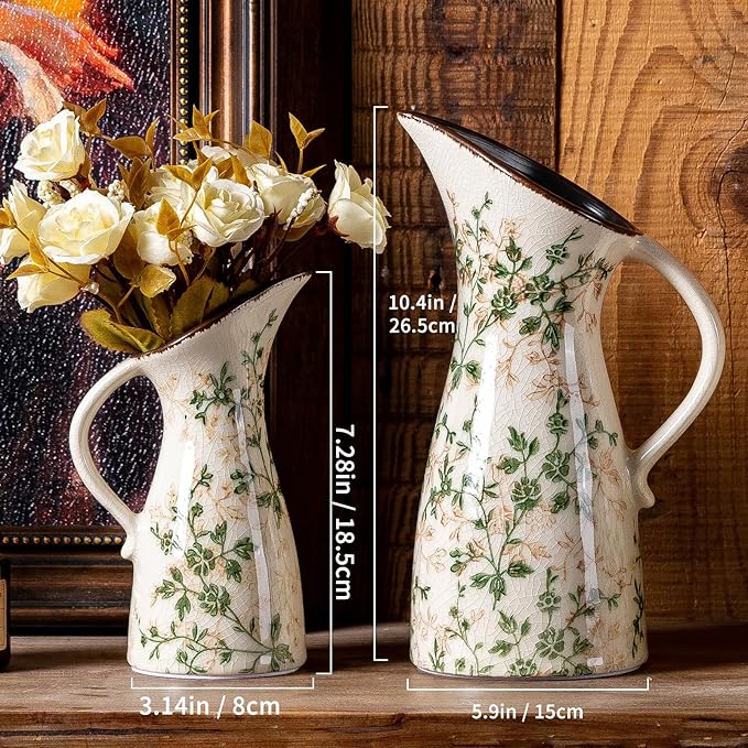 for Mom from Daughter or Son, SURE YUESI 7.3” Green Handcrafted Ceramic Pitcher Vase, Vintage Pastoral Floral Vase, Farmhouse Chinoiserie Tuscan Cottage Core Rustic Table Centerpiece