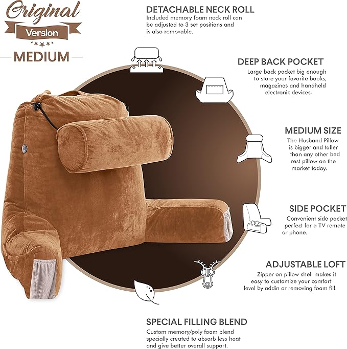 Husband Pillow Medium Reading Pillow with Arms - 23" Backrest for Sitting Up in Bed - Firm Support Bed Rest Pillow for Adults, Neck Roll, Removable Cover - TV, Reading, Lounging - Tan