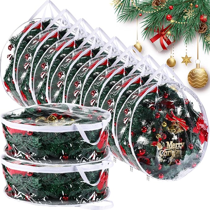 Shappy 10 Pcs 36 Inch Back to School Wreath Storage Container Clear Wreath Storage Bags PVC Waterproof Garland Bags with Clear Window Dual Zippers and Handles for Holiday Artificial Garland (White)