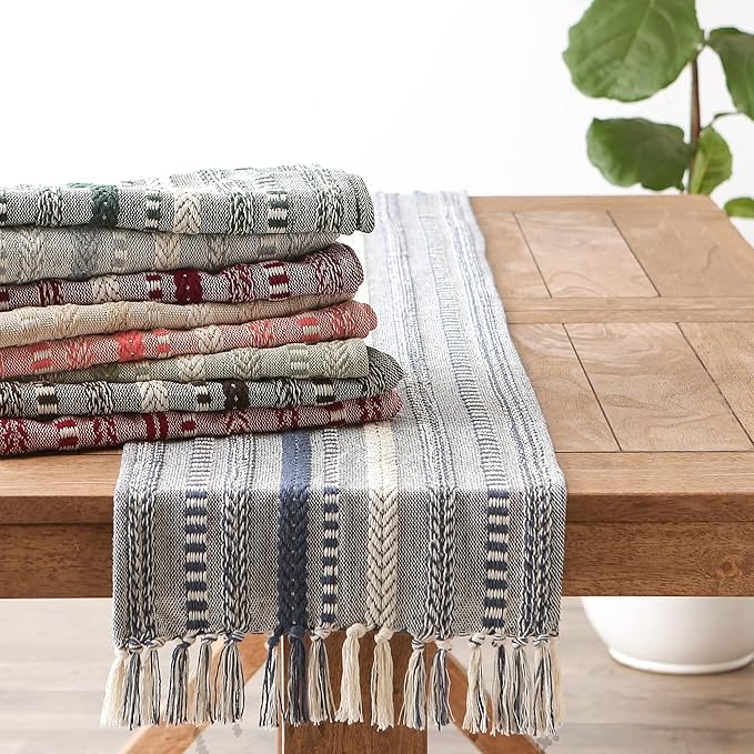 DII Farmhouse Braided Stripe Table Runner Collection, 15x108 (15x113, Fringe Included), Wine