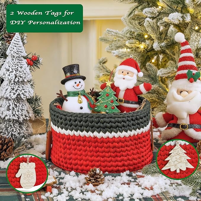 Handwoven Christmas Basket Fabric Christmas Gift Basket Empty with 2 DIY Wooden Tags – Foldable, Soft & Sturdy Holiday Storage Baskets Red Storage Bin for Ornaments, Toys, Snacks, Home Decoration