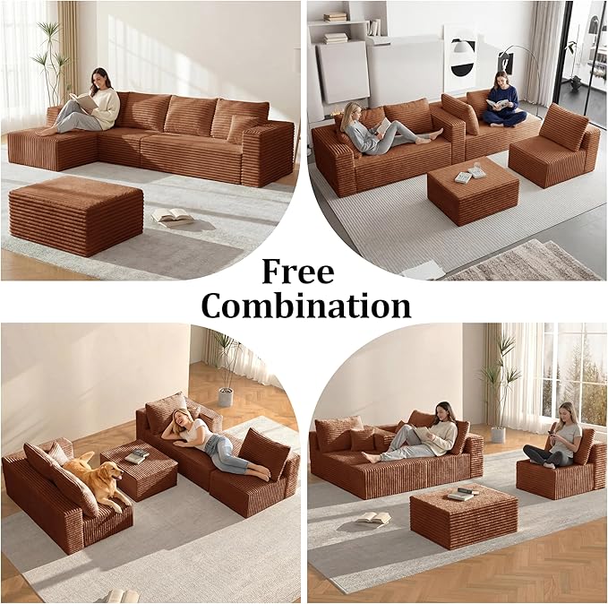 Modular Sectional Sofa, Boneless Compressed Sofa in a Box, U-Shaped Cloud Couch with Deep Seats & Chaise for Living Room, No Assembly Required (Orange, 118" U-Shape with Right Facing Chiase) | Boneless Compressed, Sofa in a Box, Cloud Couch, Deep Seats...