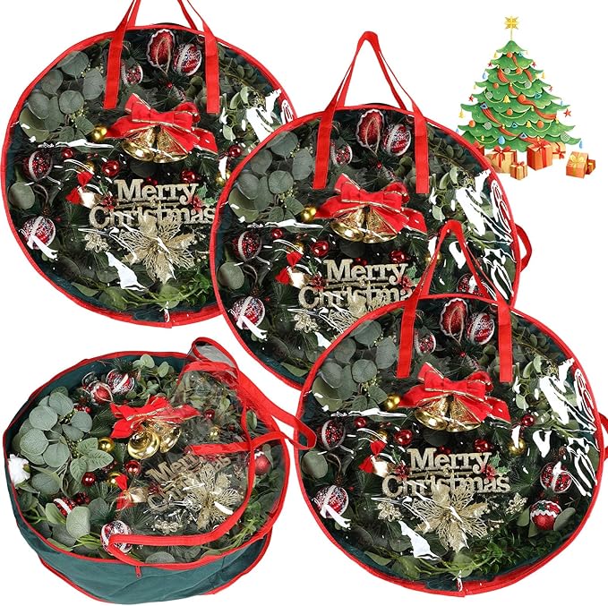 Coume 4 Pcs Christmas Wreath Storage Bag Garland Wreaths Container with Clear Window for Xmas Holiday Decorations Storage Protection Bags Resistant Water Box (24 Inch Diameter,7 Inch High)