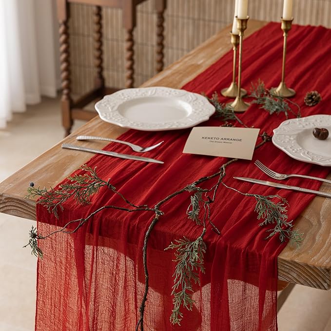 Keketoarrange Red Cheesecloth Table Runner Cheese Cloth Rustic Gauze Table Runner 120 Inch 10 FT for Wedding Baby Bridal Shower Sheer Boho Holiday Spring Home Decorations