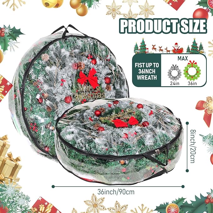 Shappy 10 Pcs 36 Inch Back to School Wreath Storage Container Clear Wreath Storage Bags PVC Waterproof Garland Bags with Clear Window Dual Zippers and Handles for Holiday Artificial Garland (Black)