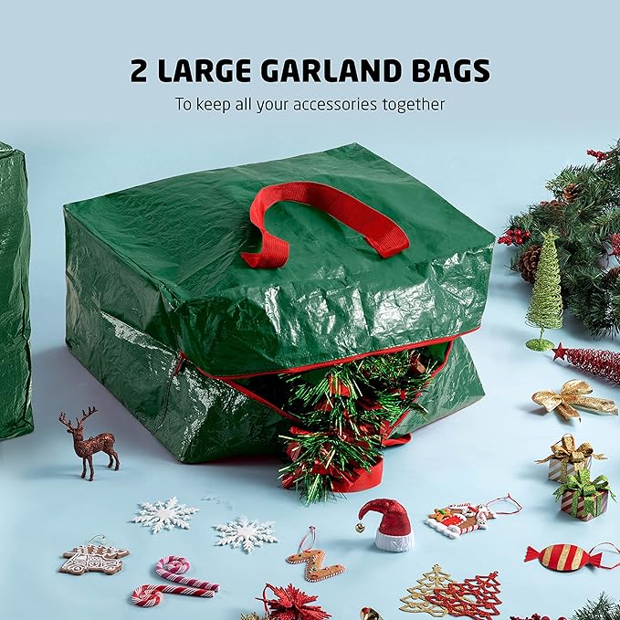 ZOBER Christmas Tree Storage Bag - With 2 Ornaments Accessories/Garland Bags - Fits 9 Ft Trees - Plastic, Waterproof Christmas Tree Bag For Storage Box For Xmas - Strong, Durable Handles - Green