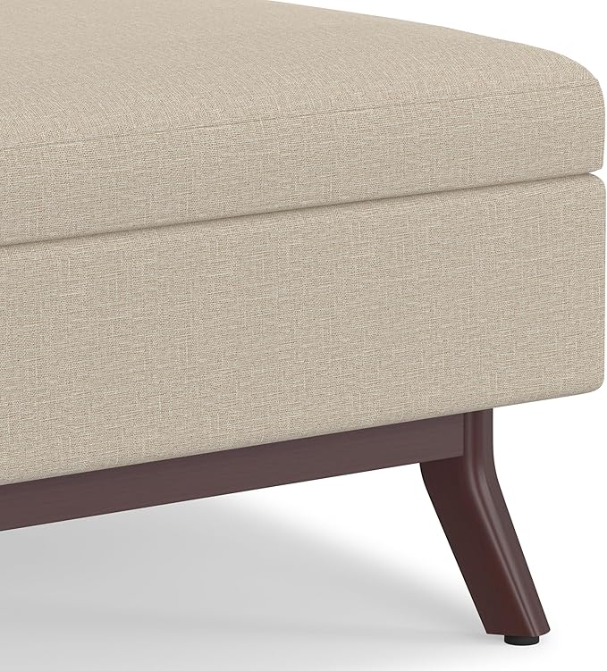 SIMPLIHOME Owen Coffee Table Storage Ottoman - 34" Wide x 19" High Upholstered Linen Look Fabric Rectangular Lift-Top Ottoman in Natural, Mid-Century Modern Bench for Living Room with Tapered Legs