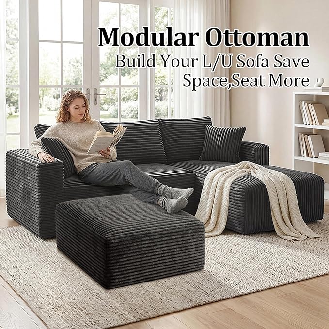 Corduroy Ottoman, Modern Boneless Cloud Foot Rest Foam Support, Oversized Modular Sectional Sofa Stool for Living Room, Bedroom & Small Spaces, No Assembly Required (Drak Gray, Ottoman) | Foam Support, Modular Sectional, No Assembly Required
