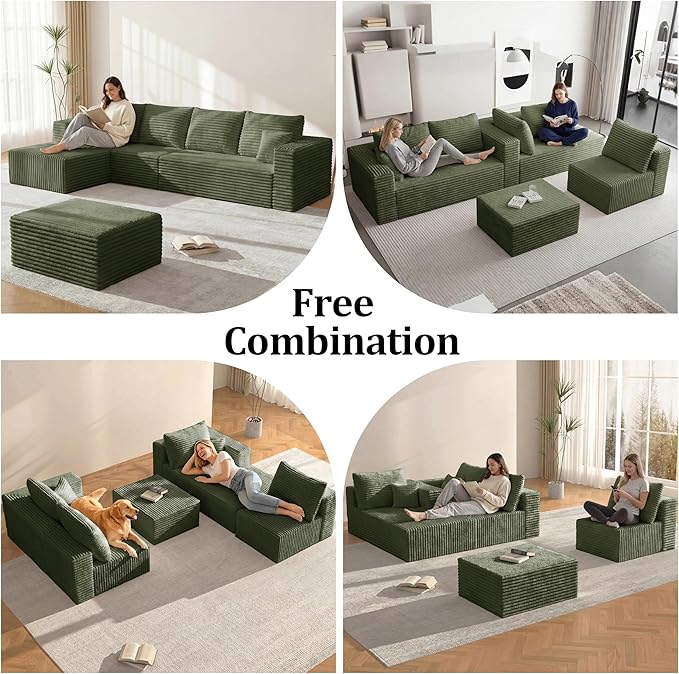 Boneless Couches Sectional Sofa, Compressed Sofa in a Box, U-Shaped Cloud Couch with Deep Seats & Chaise for Living Room, No Assembly Required (Green, 118" U-Shape with Right Facing Chiase) | Boneless Compressed, Sofa in a Box, Cloud Couch, Deep Seats,...