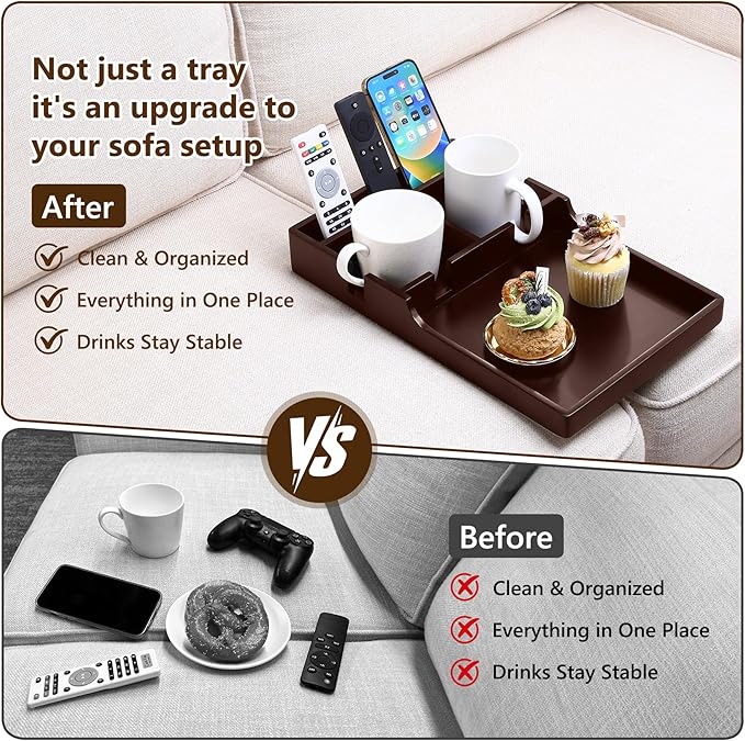 Sofa Insert Tray for Middle Seat,Bamboo Couch Table with 2 Cup Holders,Fits Armless Sofa & Sectionals,Fold-Flat Tray for Drinks,Snacks & Remotes,Brown