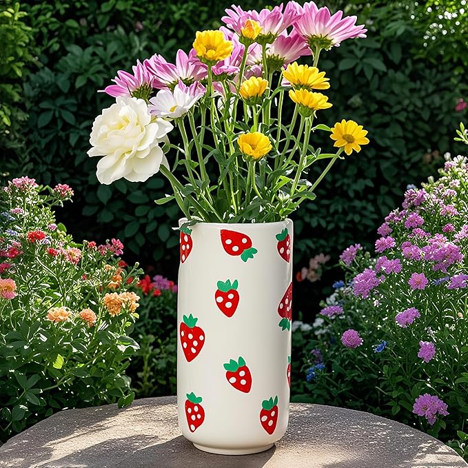 MOUGIGI Strawberry Ceramic Vase-Unique Aesthetic Design for Funky Flower Decor-Perfect Summer Fruit Theme Table Centerpiece-Ideal Gift for Parties and Special Occasions-Stylish Durable Home Decoration