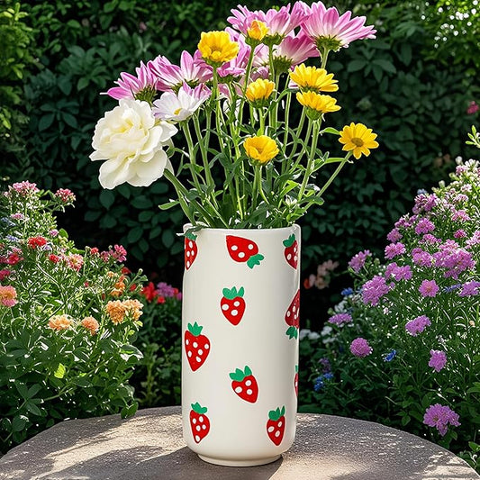 MOUGIGI Strawberry Ceramic Vase-Unique Aesthetic Design for Funky Flower Decor-Perfect Summer Fruit Theme Table Centerpiece-Ideal Gift for Parties and Special Occasions-Stylish Durable Home Decoration