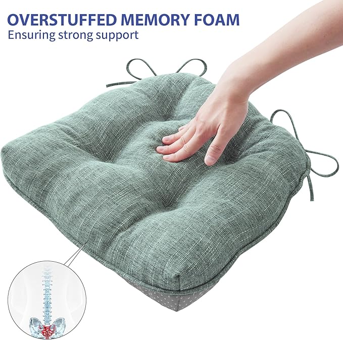 IPYNBAP Chair Cushions for Dining Chairs Set of 2, Kitchen Chair Cushions, Chair Pads with Ties Non Slip Backing, Christmas Room Decor, Tufted Memory Foam Seat Cushion 2 Pack, 15.5x15.5x4, Sage Green