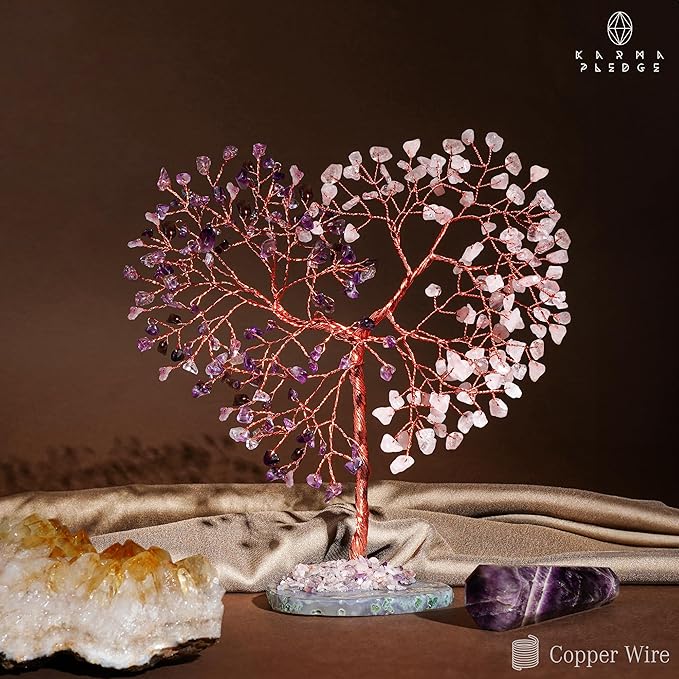 Handmade Healing Crystal Tree of Life Amethyst & Rose Quartz Chakra Tree for Money, Good Luck, Feng Shui Home Decor, Living Room Office Deocration, Unique Birthday Gifts for Women, Men, Mom