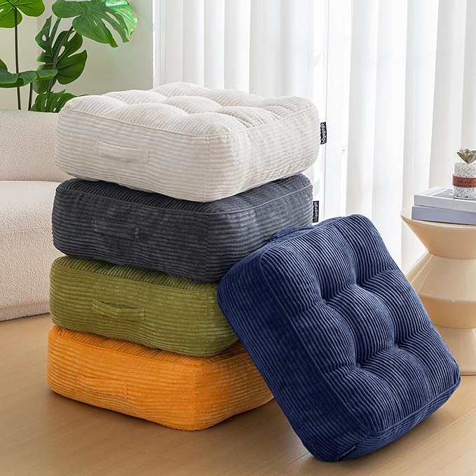 HIGOGOGO 8" Extra Thick Floor Pillow Cushion for Adults, Meditation Cushion Pillow, Large Square Floor Sitting, Tufted Corduroy Cover, for Tatami Living Room or Yoga, 22x22 Inch, Green