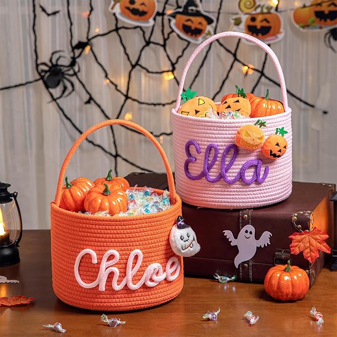 JUPPE Personalized Halloween Trick or Treat Basket, Custom Cotton Rope Candy Storage, Multi-Color, Medium 10x8 inches (Style 9)
