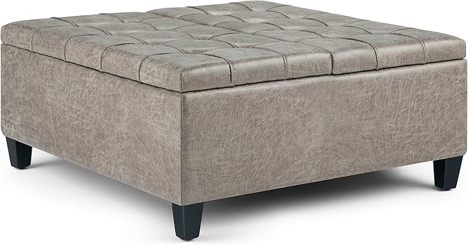 SIMPLIHOME Harrison Coffee Table Storage Ottoman - 36 inch Wide Upholstered Vegan Leather Square Lift-Top Ottoman in Distressed Grey Taupe, Transitional Ottoman for Living Room with Storage