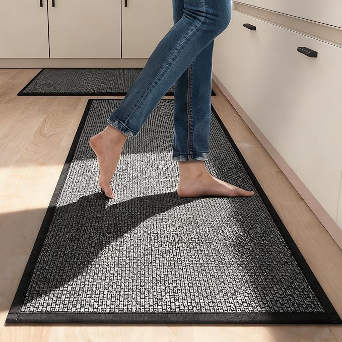 SUMLANS Kitchen Mat Set of 2 PCS, Cushioned Non Slip Rugs for Kitchen Floor, Absorbent Runner Comfort Standing Mats Washable for Kitchen, Office, Home, 17.3"x47"+17.3"x30" (Black)