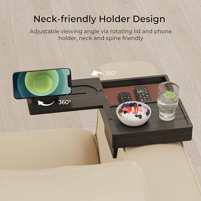 Wealone Black Couch Arm Tray with 2 Rotatable Tray, Adjustable Sofa Arm Clip Table with Storage Box & 360° Phone Holder, Bamboo Couch Armrest Table for Snacks, Drinks or Dining