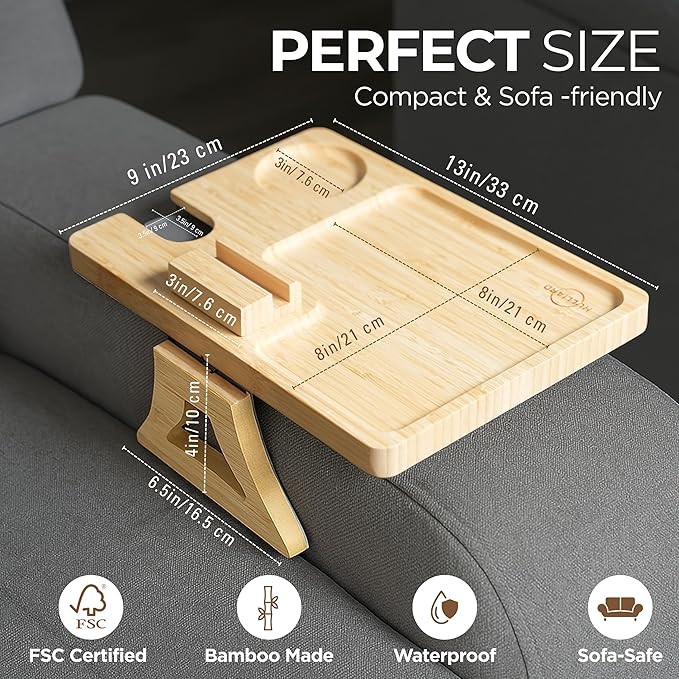 3-in-1 Bamboo Couch Tray with Silicone-Lined Wine Glass Holder, Cup Compartment, and Non-Slip Phone Stand