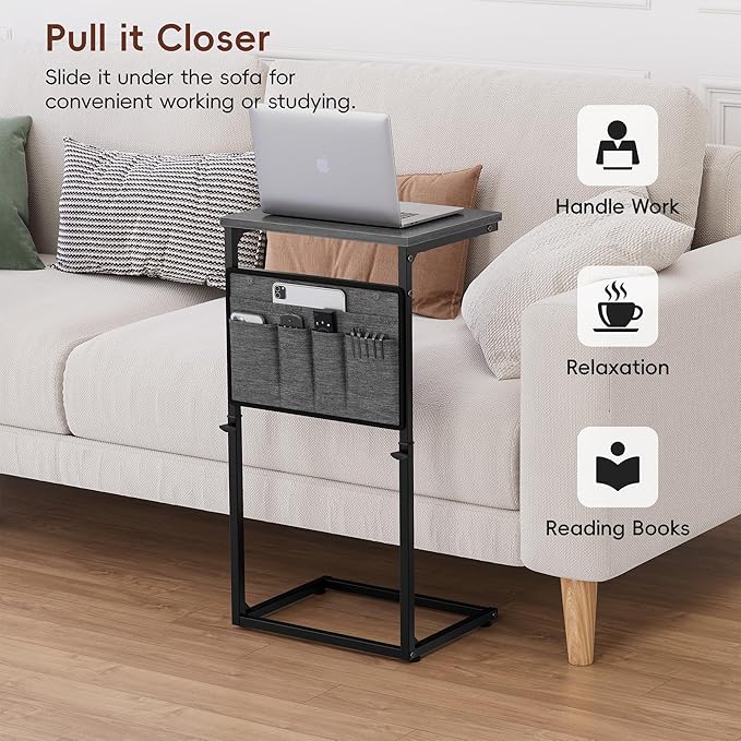 Vagusicc C Shaped End Table, 32'' Tall Side Table for Couch, Adjustable Height Small Couch Side Table for Small Spaces, C Table Slide Under Sofa Table TV Tray Arm Table for Living Room Bedroom