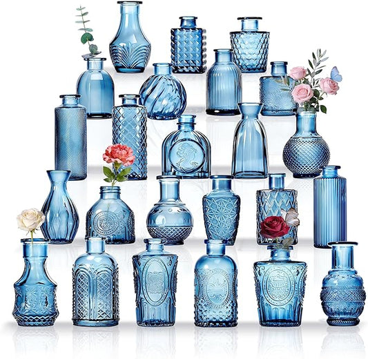 24PCS Mini Bud Vases As Wedding Centerpieces for Tables,Clear Bud Vases for Flowers,Small Flower Vases Suitable for Birthday Party,Anniversary,Wedding Reception,Baby Shower (Blue, 24PCS)