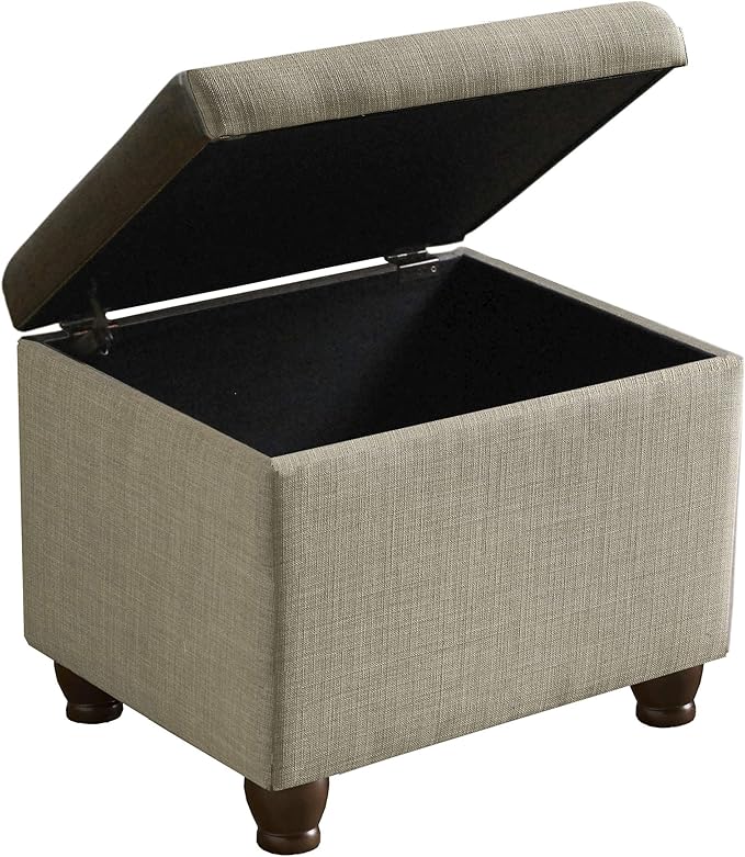 Homepop Home Decor | Upholstered MediumRectangular Storage Ottoman | Hinged Lid Ottoman with Storage for Living Room & Bedroom, Tan Linen
