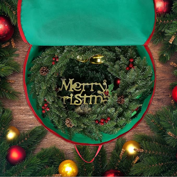 2 Pack Christmas Wreath Storage Container Bag 24", Card Slot Durable Handles and Double Zipper Storage Containers and to Protect Artificial Garland - Green