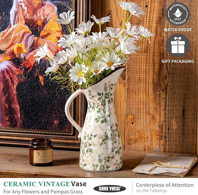 for Mom from Daughter or Son, Vintage Ceramic Pitcher Vase with Handle 10.5”, Green Farmhouse Floral Vase, Chinoiserie Rustic Decor for Living Room, Bookshelf, Office