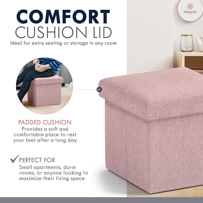 Ornavo Home Small Storage Ottoman, Set of 2 Foldable Collapsible Cube Square Linen Ottoman Foot Rest Stool Seat, for Living Room, Bedroom, Home Office, Dorm - 12 x 12 x 12, Pink