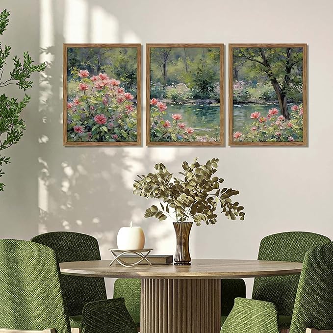 Framed Monet Wall Art Set of 3, Impressionist Botanical Floral Canvas Wall Decor, Vintage Cottagecore Artwork Paintings, Nature Landscape Flowers Prints Pictures for Living Room Bedroom 16x24 Inch