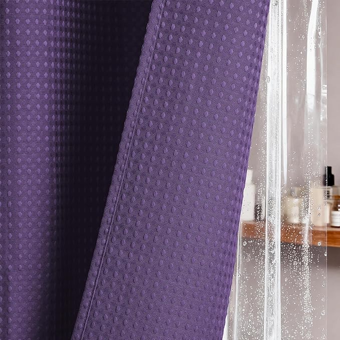 Dynamene Long Shower Curtain and Liner Set - 78 inch Tall Waffle Fabric, Waterproof Clear Liner, Heavy Duty Weighted Hotel Luxury Cloth Shower Curtains for Bathroom with 12 Hooks, 72x78, Purple