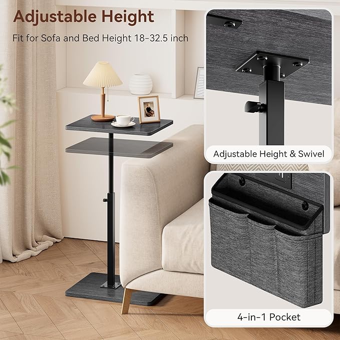 Vagusicc Sofa Armrest Tray Table for Couch - 360° Swivel Height Adjustable Side Table for Small Spaces, Snack Side Table for Bed or Chair, C Shaped End Table Snack Table for Eating Dinner Laptop