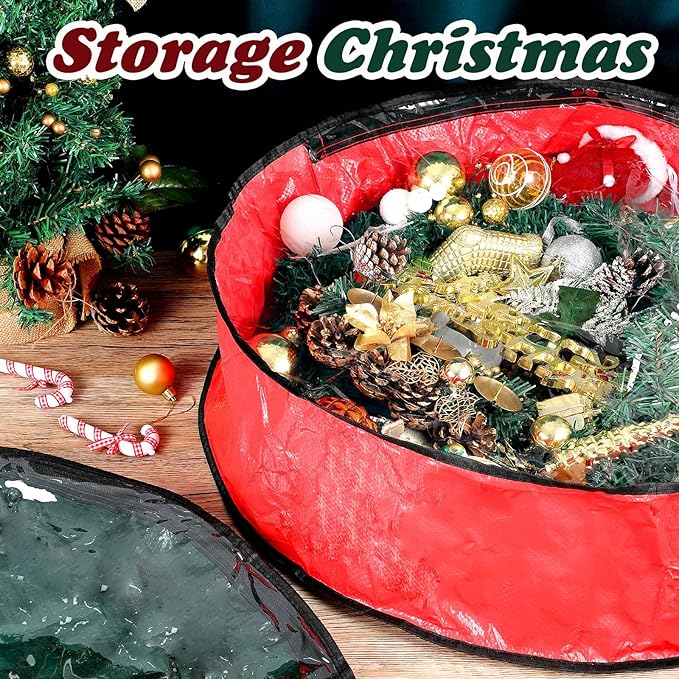 Dunzy 8 Pieces Wreath Container Christmas Wreath Storage Bag Garland Tear Resistant Fabric Round Boxes with Clear Window for Storage for Xmas Holiday Ornament(30×30×7.8 Inch,Red, Green)