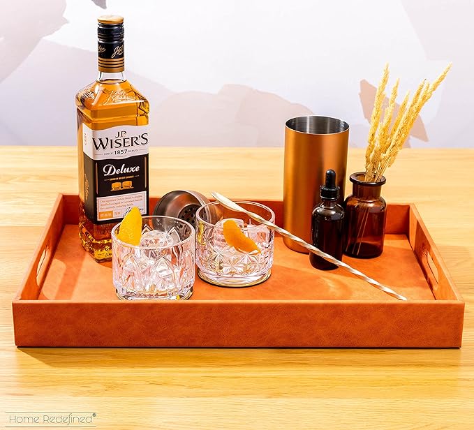 Home Redefined Beautiful Modern Elegant 17.5"x12" Rectangle Orange Faux Leather Decorative Tray Ottoman Coffee Table Perfume Living Room Kitchen Serving Tray with Handles for All Occasion's