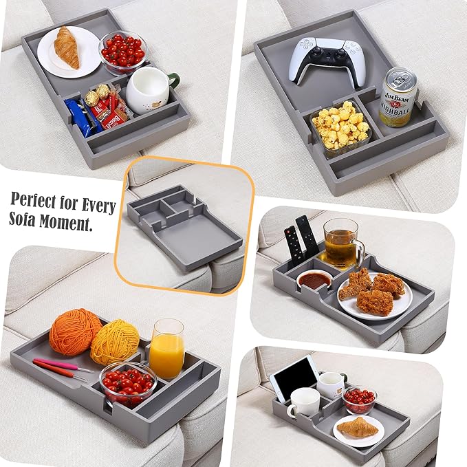 Nnewvante Couch Tray Between Cushion, 2-in-1 Insert & Flat Sofa Organizer Bamboo with 4 Compartments,Fits Middle Couch or Ottomans,for Snacks, Drinks, Remotes,15.35x9.84-inch,Gray