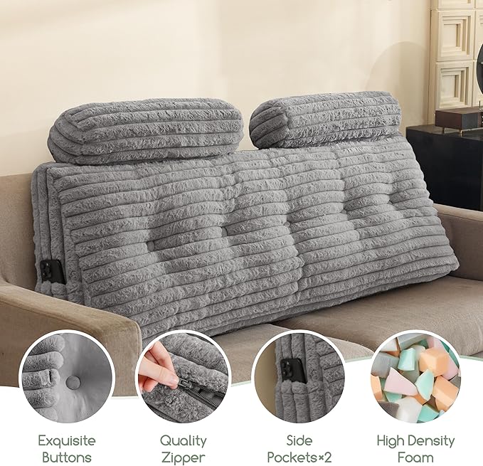 HIGOGOGO Triangular Headboard Wedge Pillow with 2 Cylindrical Pillows and Memory Foam Filling, Daybed Pillows for Sitting up, Reading or Working with Removable Cover,Queen 59.1"x19.7"