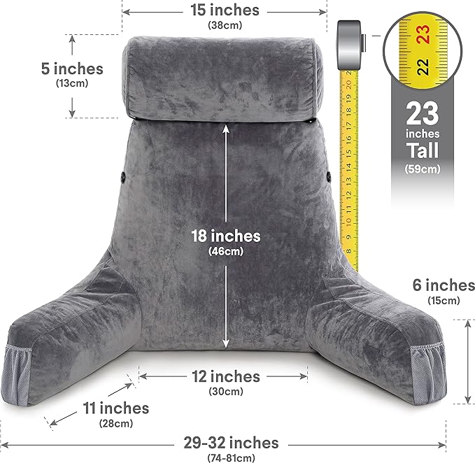 Husband Pillow Medium Reading Pillow with Arms - 23" Backrest for Sitting Up in Bed - Firm Support Bed Rest Pillow for Adults, Neck Roll, Removable Cover - TV, Reading, Lounging - Dark Grey