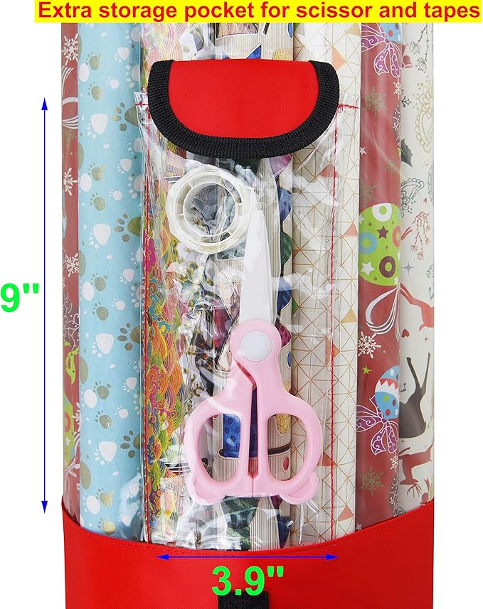 Freegrace Gift Warp Organizer | Large 9" x 40.9" Wrapping Paper Rolls Storage Bag | Tearproof & Space Saving Under Bed Gift Bag Organization (Red)