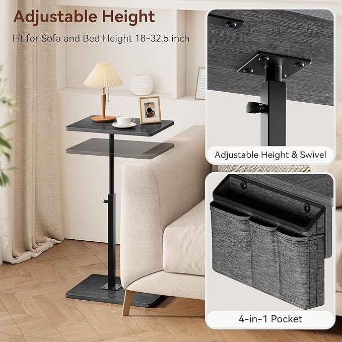 Vagusicc Sofa Armrest Tray Table for Couch, 360° Swivel Height Adjustable TV Tray Table for Small Spaces, Snack Side Table for Couch, Bed, Chair, C Shaped End Side Table for Eating, Reading, Laptop